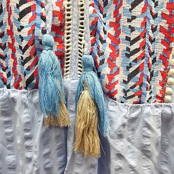 THML Women's Multicolor Embroidered Mini Dress Cowgirl Boho Light Blue SZ Small - Picture 4 of 7